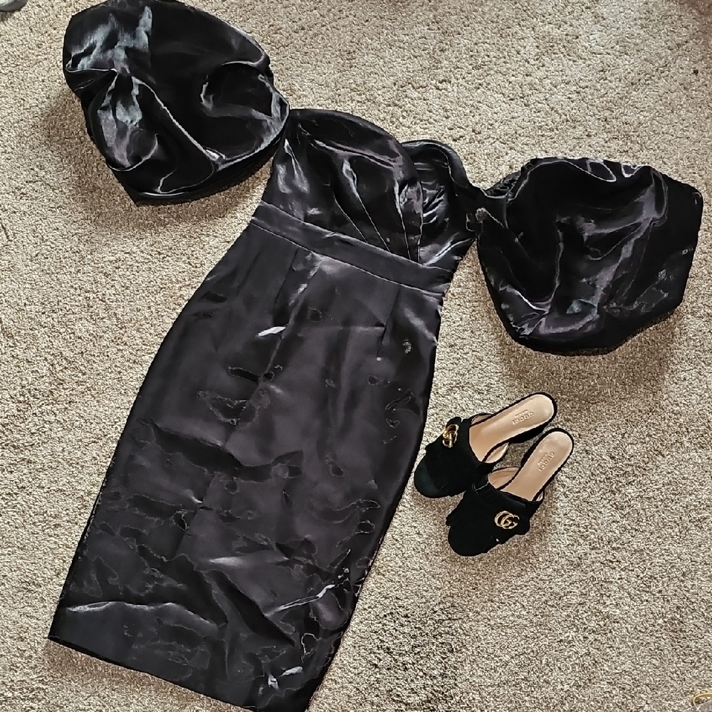 Chic Black Satin Dress with Statement Sleeves